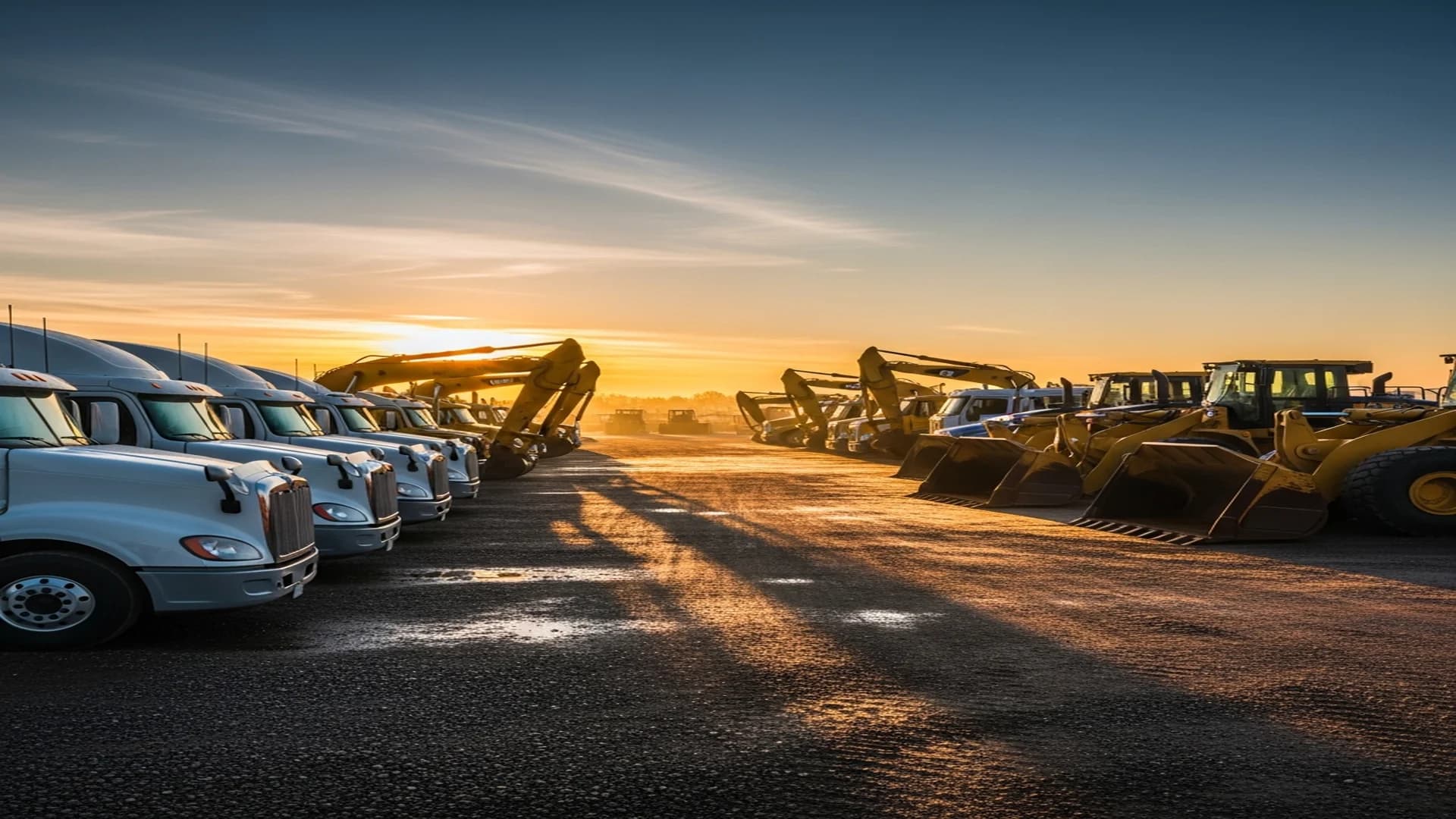 Fleet of heavy equipment and semi trucks parked at dawn — sell your fleet to MachineryBarn for instant cash